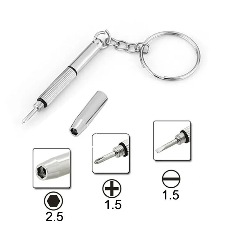 3 in 1 reparatieset sleutelring met 3 schroevendraaiers: kruis 1.5, rechte 1.5, stermoer M2.5 voor smartphones, horloges, brillen (zilver)