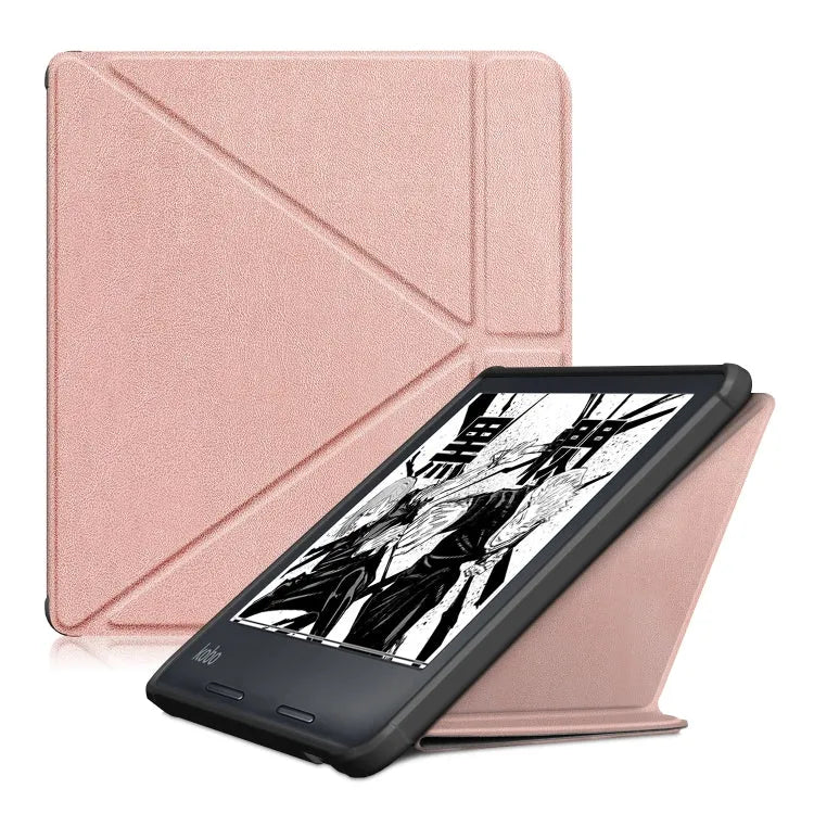 Multi-opvouwbare lederen hoes voor Kobo Libra 2 2021 (roségoud)