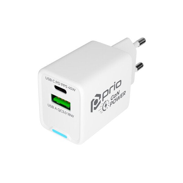 Prio 45W GaN Duo oplader (1x USB 1x USB-C) wit