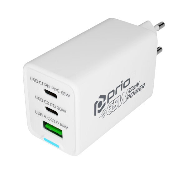 Prio 65W GaN Duo oplader (1x USB 2x USB-C) wit