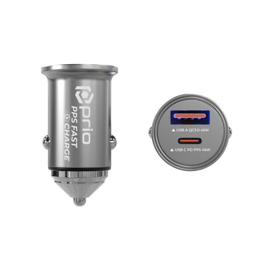 Prio autolader USB-C PD 45W + USB-A | Snellader voor auto met PPS | Zilver