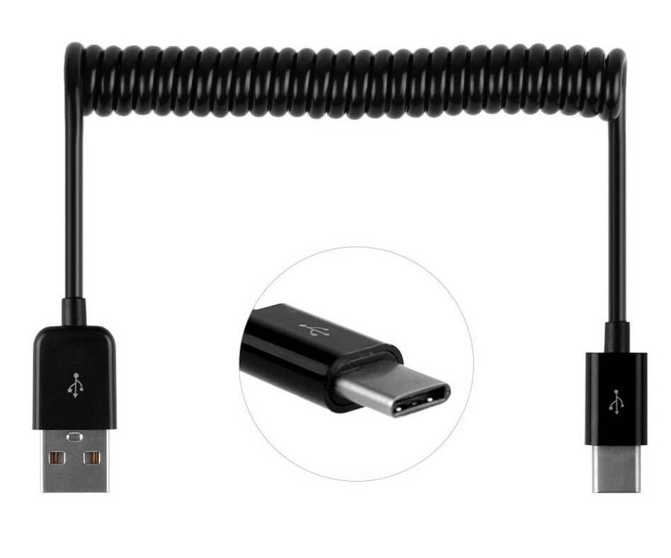 USB naar USB-C kabel met uitrekbaar krulsnoer zwart