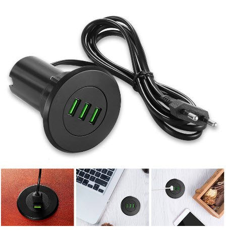 USB lader inbouw met 3x USB - zwart