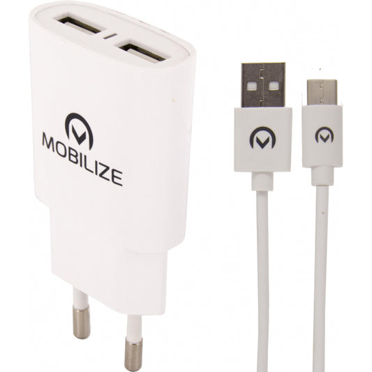 Mobilize Wall Charger 2x USB + USB-C Cable 12W 1m. White